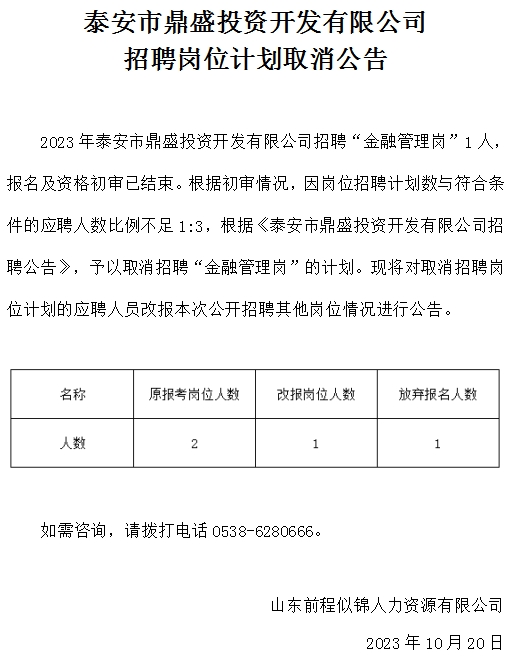 泰安市鼎盛投資開發(fā)有限公司招聘崗位計(jì)劃取消公告